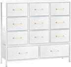 VASICAR 11-Drawer Compact Dresser for Bedroom, Fabric Clothes Storage Organizer, White Chest of Drawers with Wood Top for Closet, Nursery, Living Room