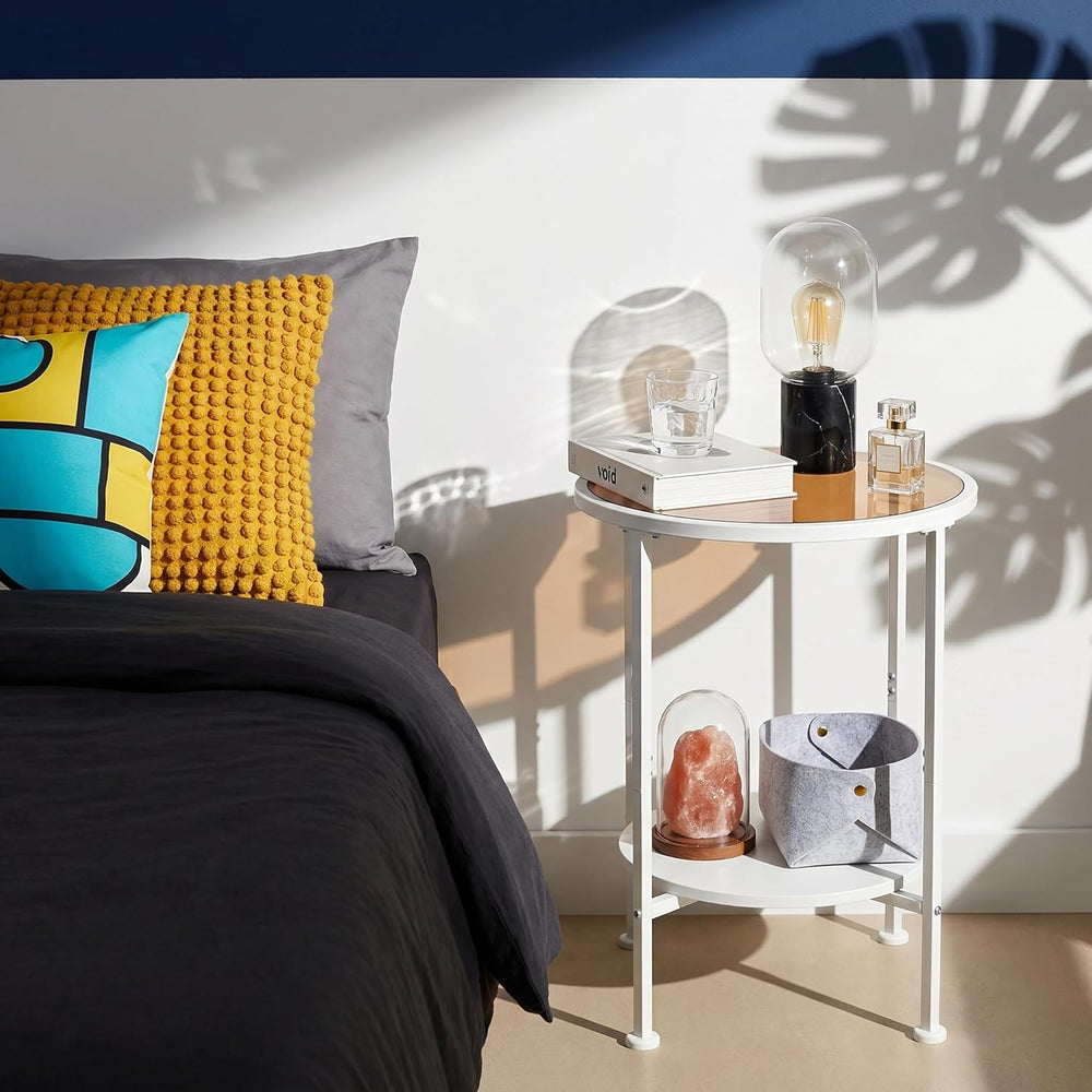 2 Tier Round Side Table with Tempered Amber Glass Top, White Metal End Table ...