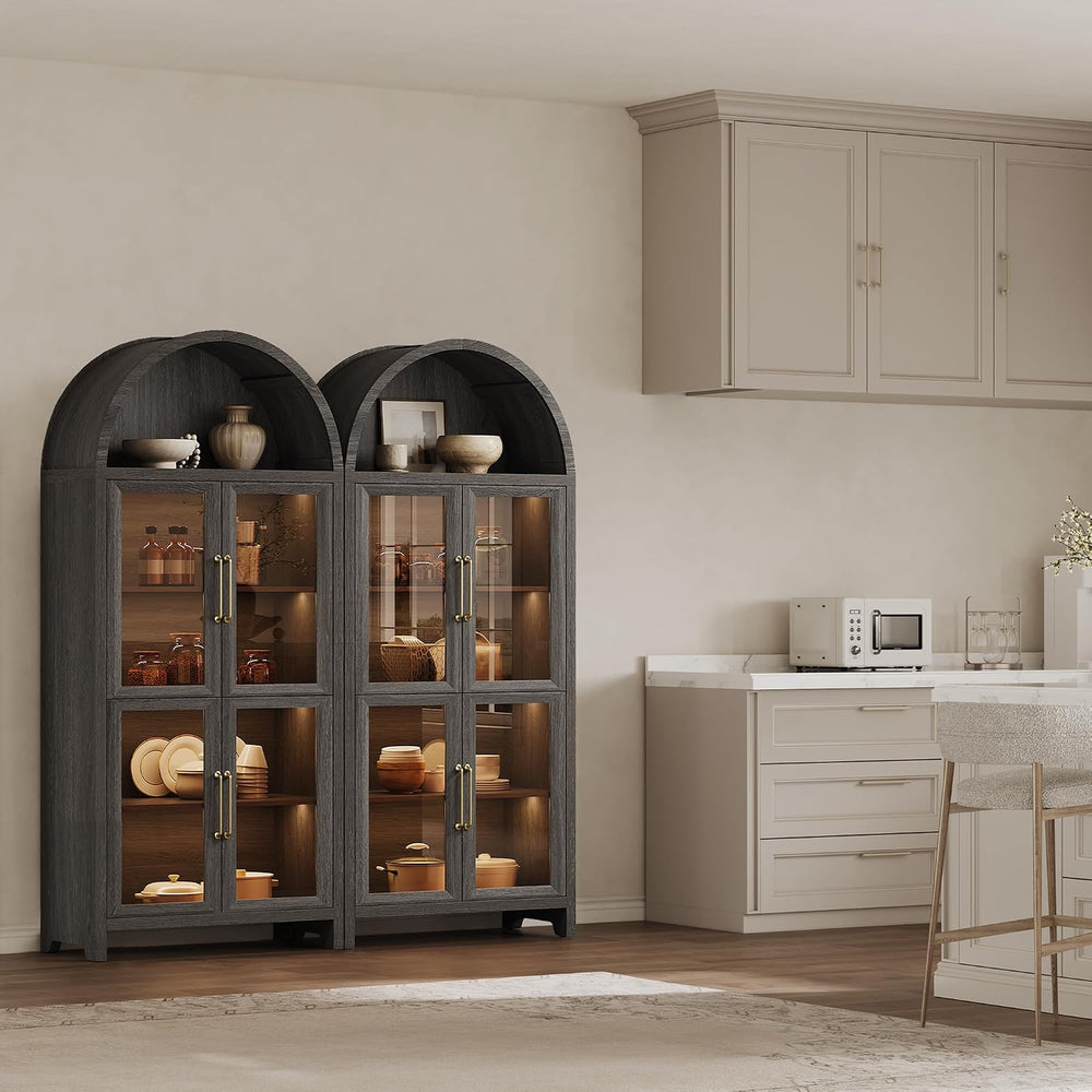 SICOTAS 74" Arched Display Cabinet with Glass Doors Set of 2, Dark Grey Oak