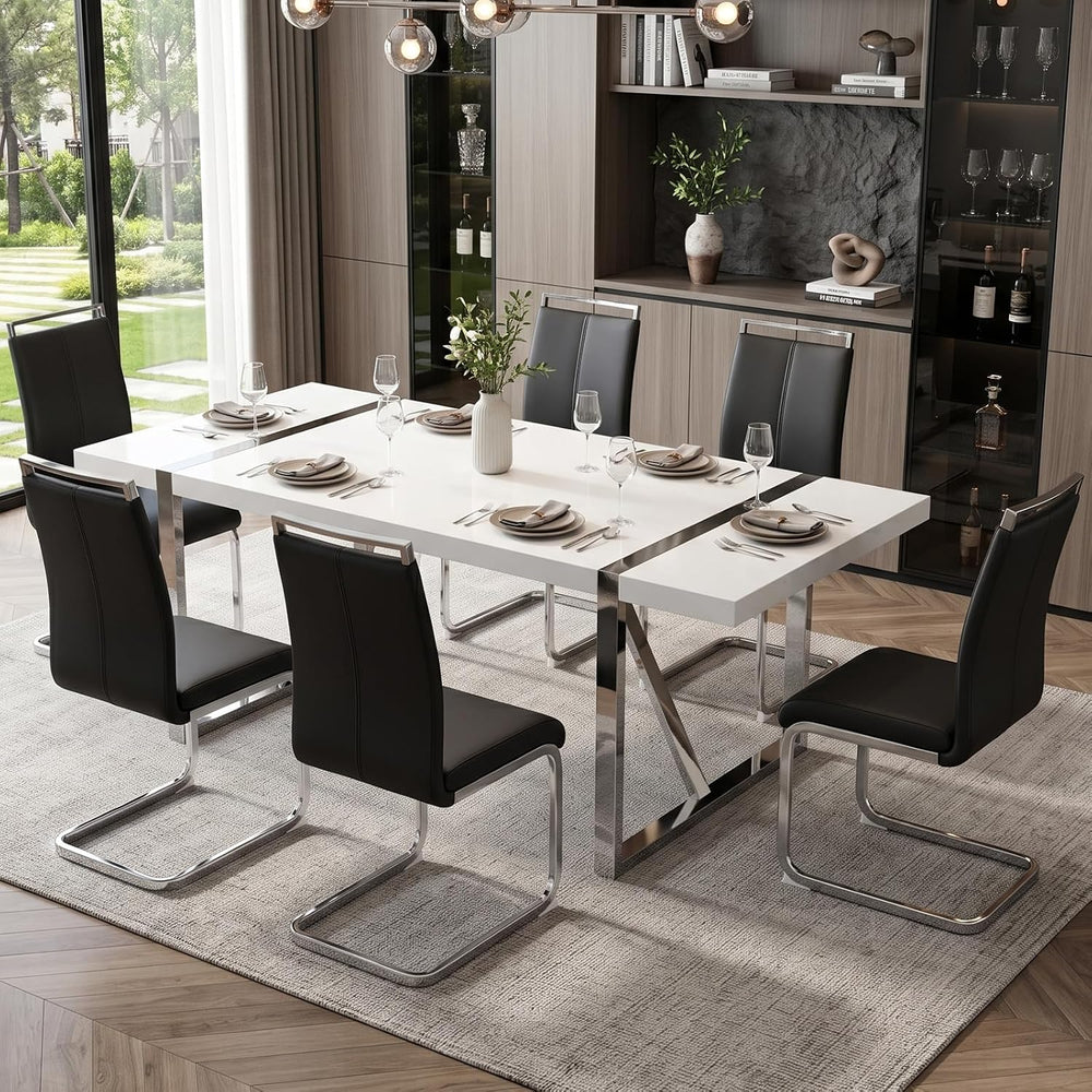 Ebullient White Dining Table Set for 6, Modern 71'' MDF Kitchen Table...