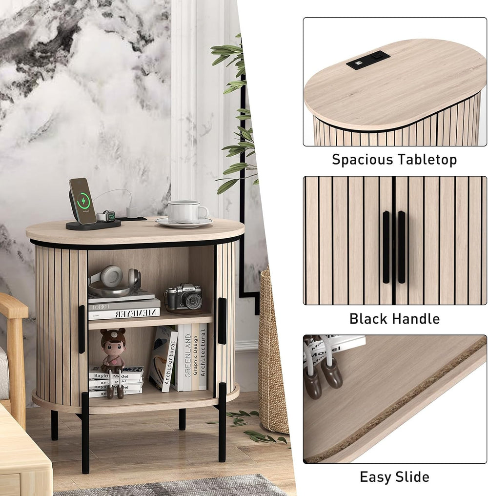 Bonzy Home Round Nightstand with Storage, Fluted Side Table with Charging Sta...