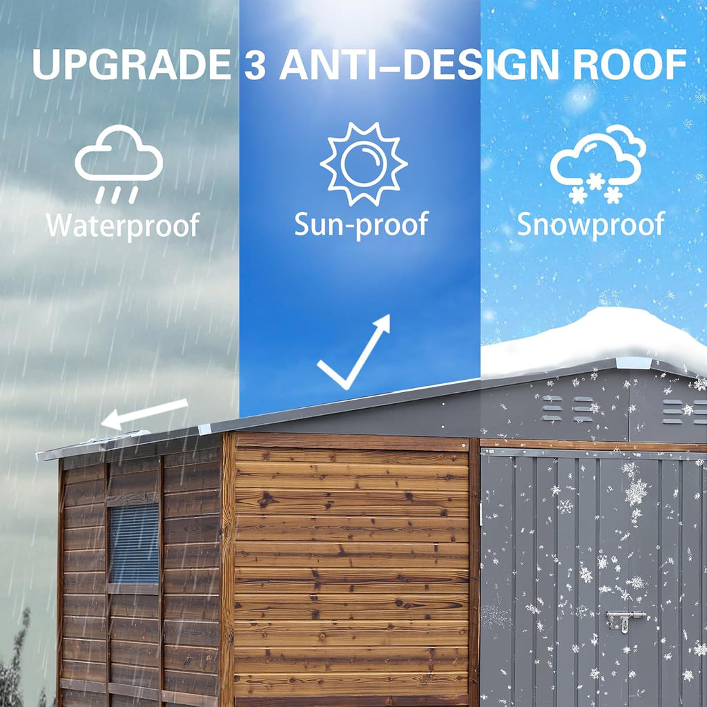 8x10 FT Outdoor Storage Shed with Windows, Wood & Metal Tool Shed Waterproof Storage House for Outside Patio, Garden, Backyard, 4 Vents (Without Floor) Wood Color