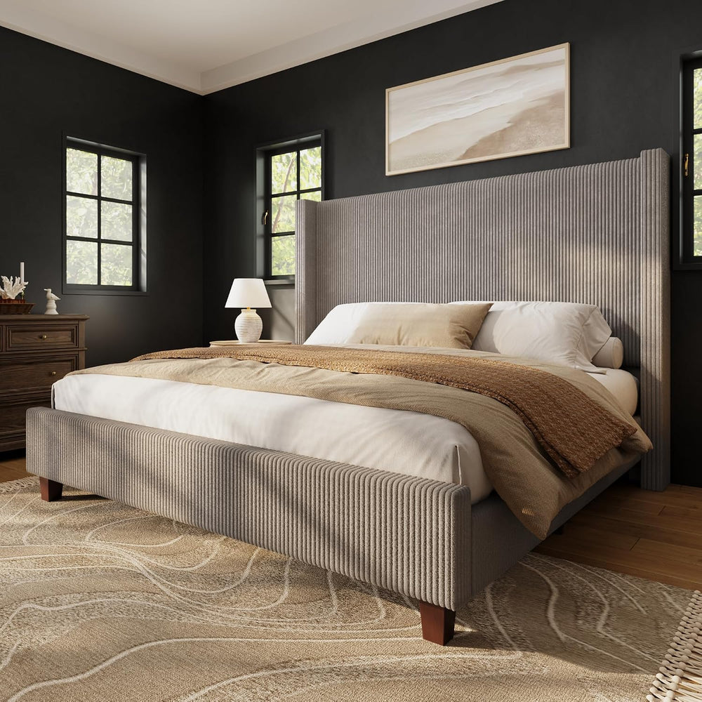 HOWE King Size Bed Frame with 50.8 Inch Corduroy Wingback Headboard, Taupe