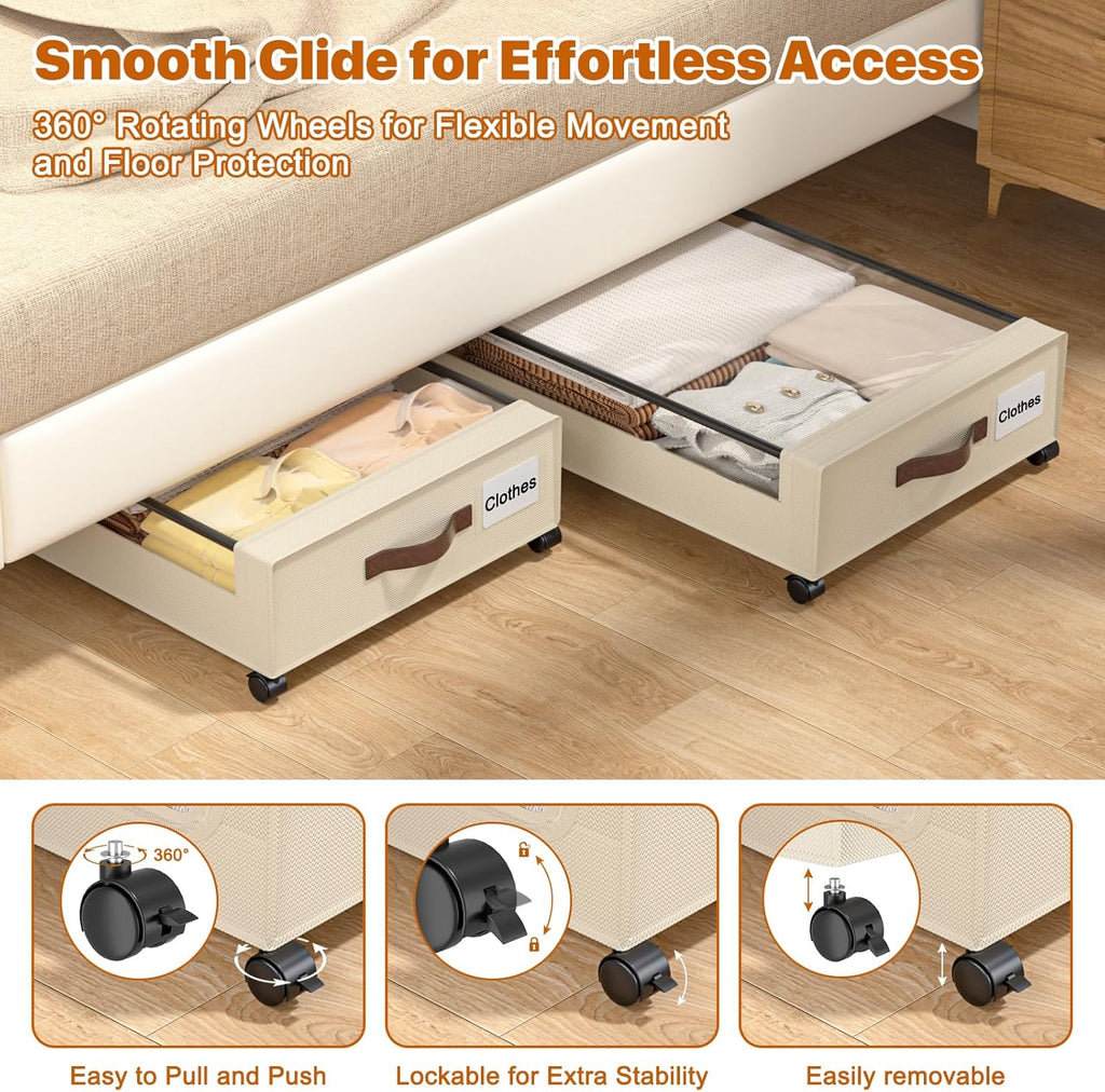 Under Bed Storage with Wheels, 4 Pack Under Bed Storage Containers with Clear Lids, XXL 60L Under-Bed Organizers for Clothes, Shoes – Durable Storage Bins with Smooth Rolling Wheels (White, 4 Pack)
