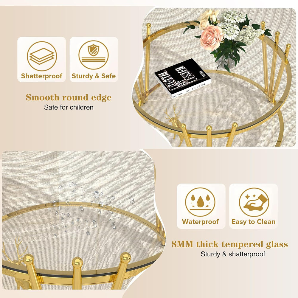Luxury Glass Coffee Table Set of 3, Modern Gold Round End Table Living Room T...