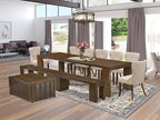 X07SI-BC8-04 - 10 Pieces Modern Dining Set contains an Extendable Rectangle Kitchen Table, 1 Coffee Table, 7 Dining Chairs and 1 Modern Bench, 39x120 Inch, Antique Walnut