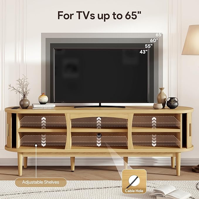 Mid Century TV Stand for TVs up to 80 Inches, Entertainment Center with Storage, Power Outlet, Fluted Sliding Doors & Adjustable Shelves, Modern Media TV Console Table for Living Room (Oak)