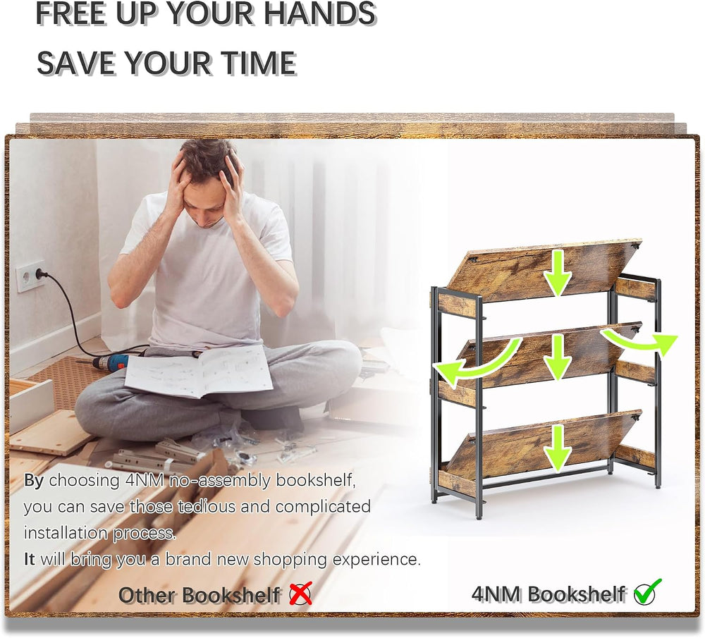 Wide 3 Tier No Assembly Folding Bookshelf Foldable Open Shelf, Rustic Brown