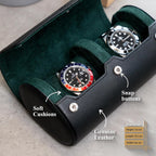 DailyWatch | Watch Roll Travel Case For 2 Watch | Luxury Watch Case In Genuine Black Leather With Soft Velvet Interior | Watch Case Protect, Store, & Display Your Watches | Black Green