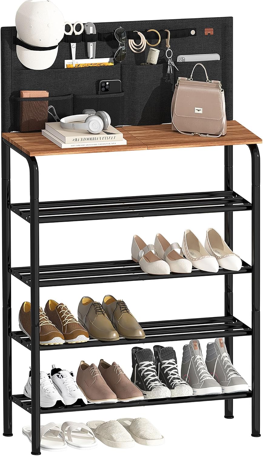 STORAGE MANIAC 5 Tier Shoe Rack for Entryway, Metal Shoe Shelf with Storage Pocket and MDF Top Board, 16-20 Pairs Free Standing Shoes Organizer for Closet, Black