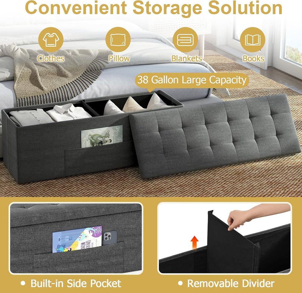 43" Folding Storage Ottoman Bench, End of Bed Foot Rest Stool with Remov...