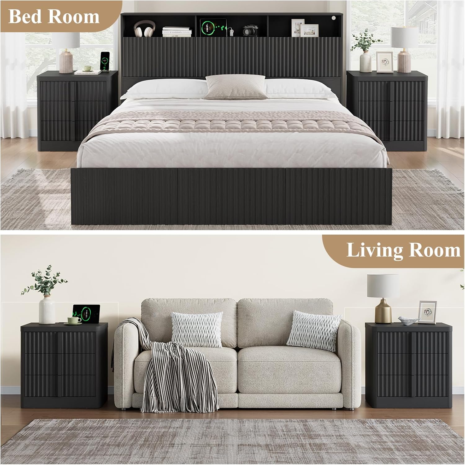 Fluted Nightstand Set of 2 with Charging Station, 23.6" Wood Bedside Table with Solid Wood Handle, Mid Century Moden End Table, 3 Drawer Dresser for Bedroom, Living Room, Black