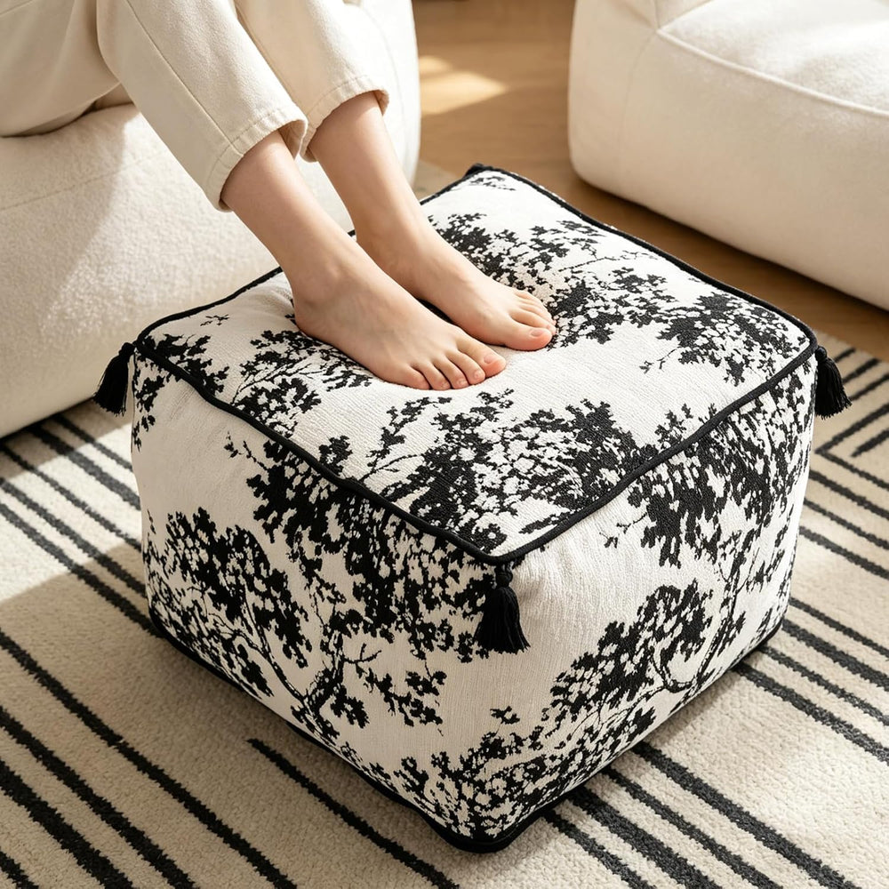 Chenille Square Pouf Ottoman - Foot Stool for Living Room & Bedroom | Sof...