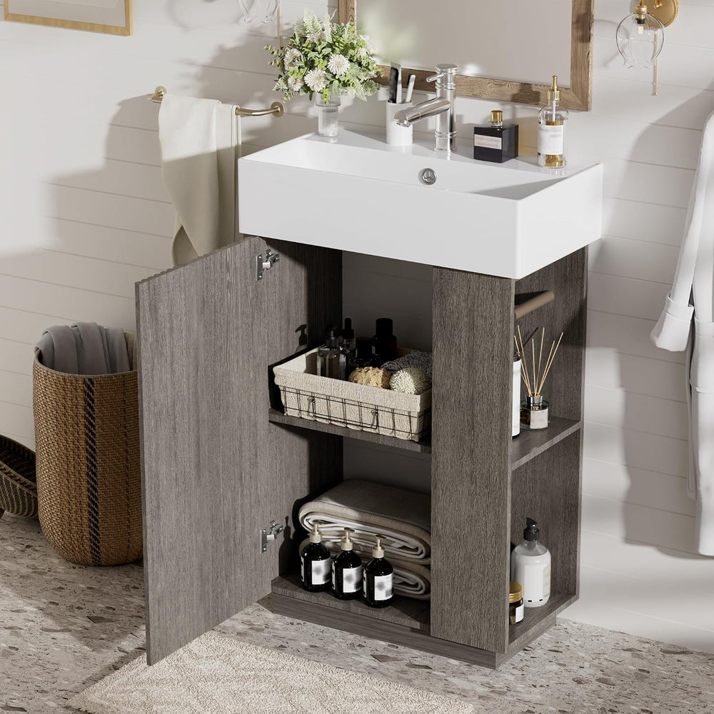 JIVOIT Bathroom Vanity with Ceramic Sink, 21.6" Bathroom Cabinet with Op...