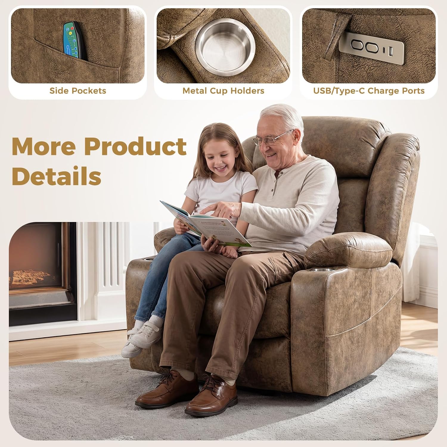 Oversized Power Lift Recliner Chair, Big and Tall, Light Brown | Lift Chairs with Massage and Heating, Breathable Faux Leather with Metal Cup Holders, USB A&C Ports