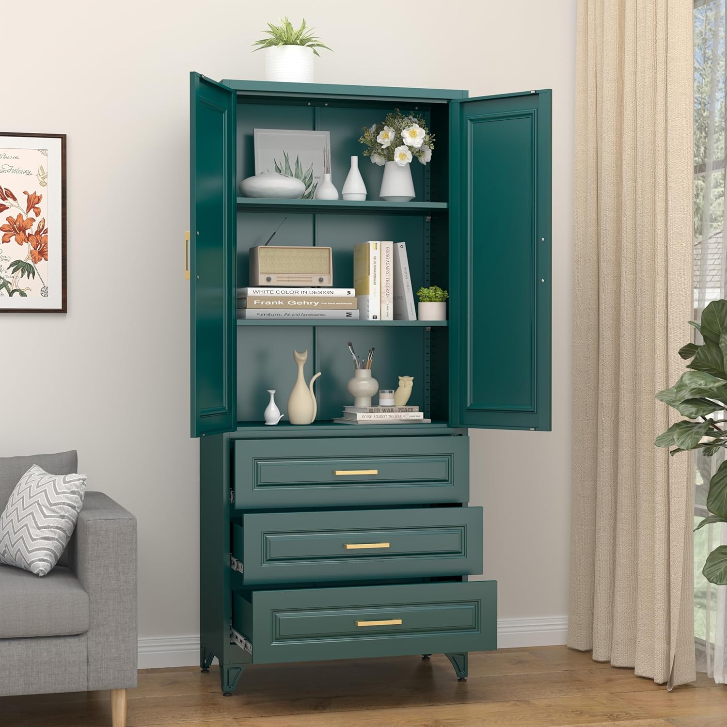 SteeLoong 75" Kitchen Pantry Cabinet with 3 Drawer,Metal Storage Cabinets with Doors and 2 Adjustable Shelves,Green Kitchen Cabinet with 2 Gold Handles,Food Cupboard for Livingroom,Pantry, Bathroom