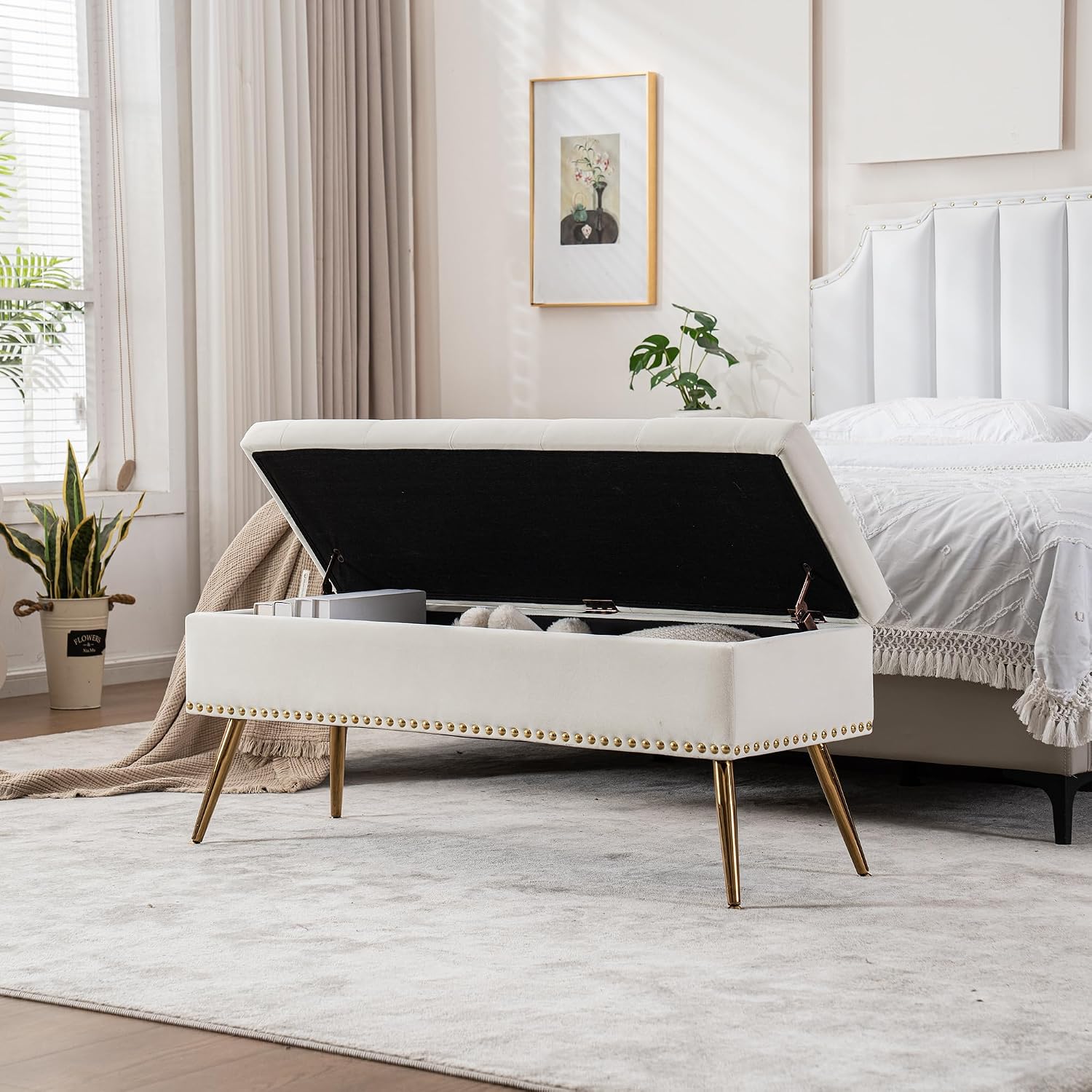 46" Ivory White Velvet Storage Bench with Gold Legs Nailhead Trim | Tufted Ottoman, End of Bed Bench, Upholstered, For Bedroom/Living Room/Window/Entryway/Dining Bench, Modern, Rectangle