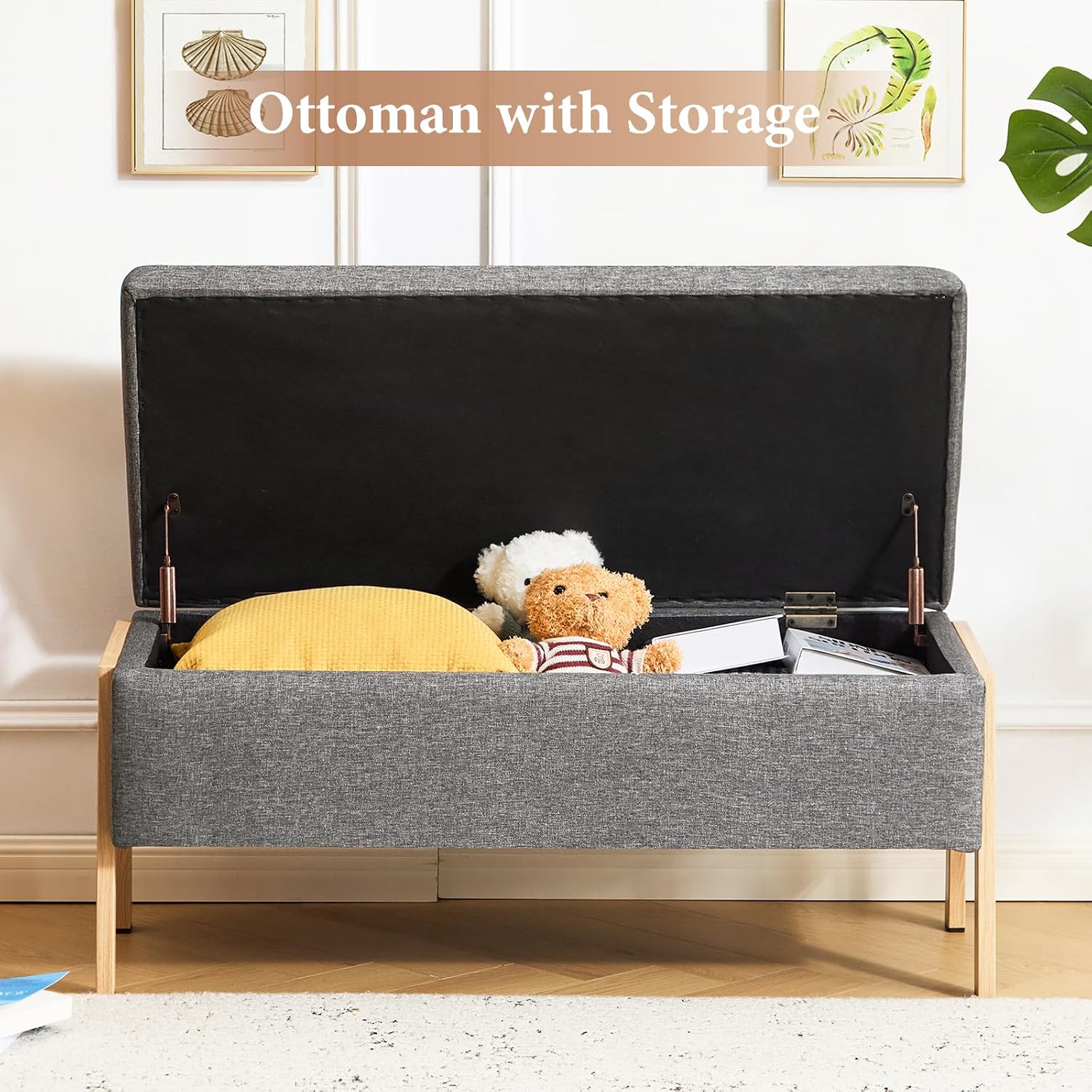 Furniliving Storage Bench for Bedroom, Modern End of Bed Storage Ottoman Bench, Upholstered Linen Ottoman Bench with Metal Legs, Folding Bedroom Bench for Living Room, Entryway, Grey