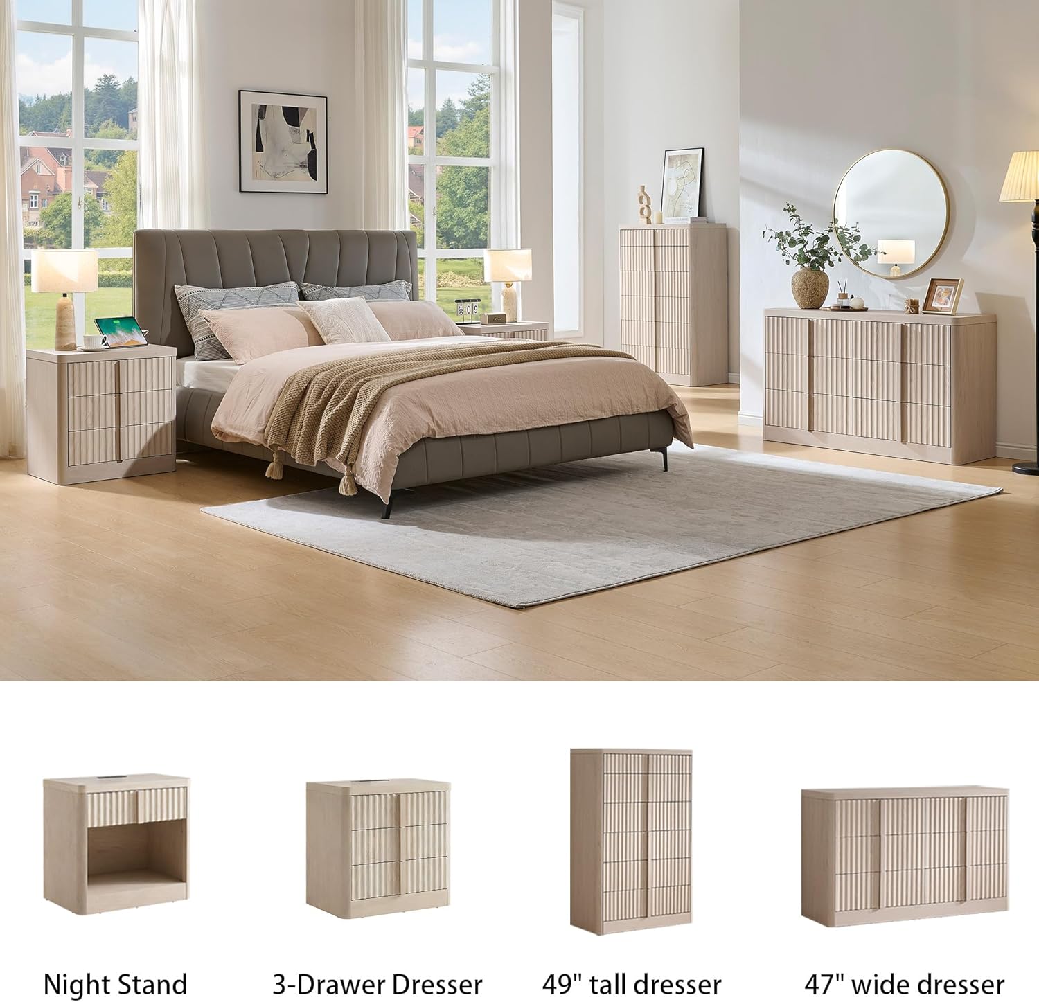 Fluted Dresser for Bedroom, Chest of Drawers, 48" Tall 6 Drawer Dresser, Curved Profile Design, Modern Wooden Chest of Drawers with Solid Wood Handle for Living Room, Bedroom, Hallway
