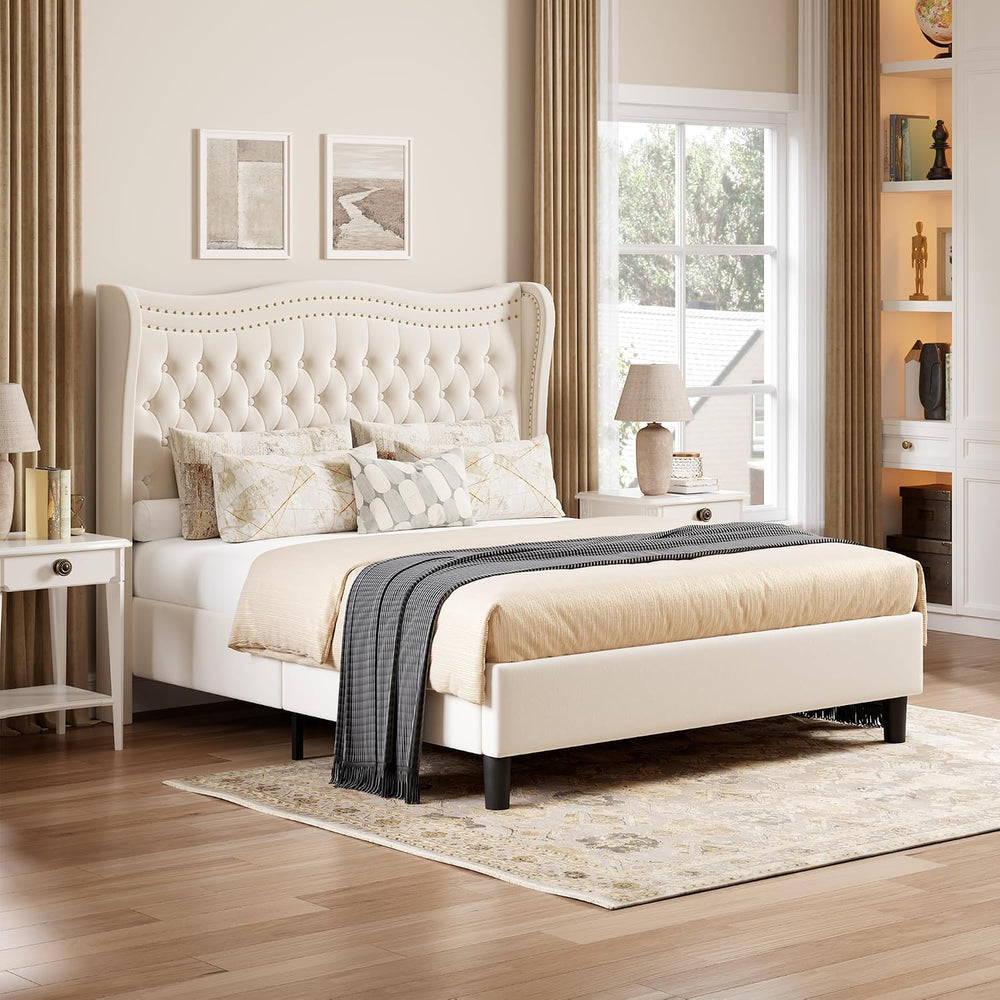Upholstered King Size Bed Frame with Tall Headboard, Velvet Wingback Platform...