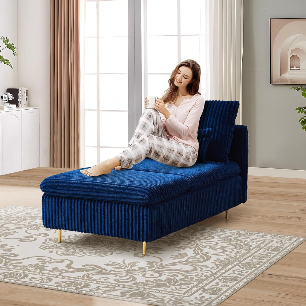 Chaise Lounge Chair Indoor 62.6" Upholstered Recliner Sofa Blue | Corduroy Modern Sofas with Support Pillow, Golden Metal Legs Sleeper Sofa for Bedroom, Living Room, Office