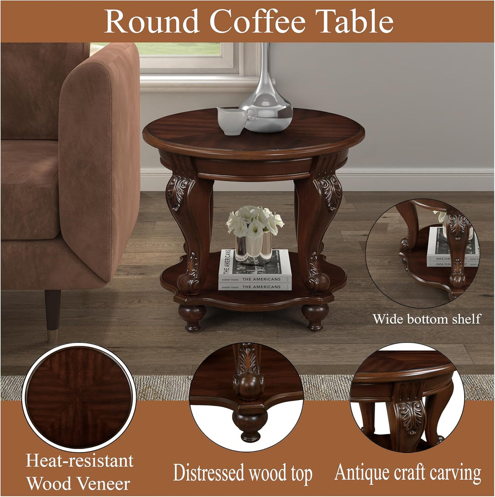 JIJIWANG Wood Round Sofa Table with Antique Carved Legs Oval End Table with B...