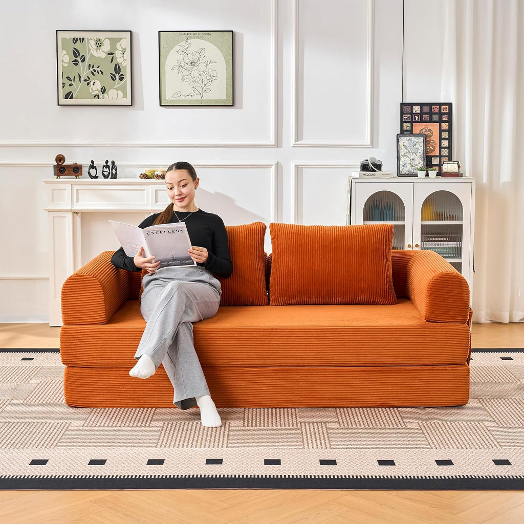79" Convertible Sofa Bed, 5-in-1Boneless Couch for Living Room with 2 Pillows Corduroy Folding Sleeper Sofa Bed, Boneless Cloud Loveseat Futon Sofa Bed for Living Room Bedroom Lounge, Orange