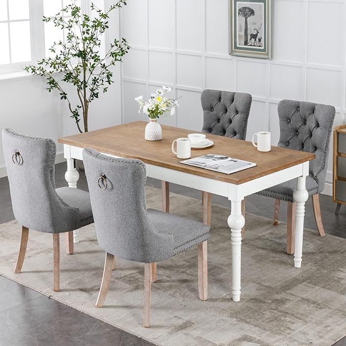 Grey Dining Chairs Set of 4, Upholstered Tufted Linen Fabric Dining Room Chairs with High Back, Nailhead Trim and Solid Wood Legs, Modern Dining Chair for Dining Room, Kitchen(Grey)