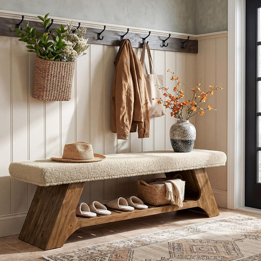 Tribesigns 55" Solid Wood Bench with Cushion and Shoe Storage, 2-Tier Up...