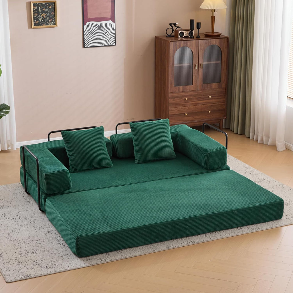 ZEIINPA Convertible Floor Sofa Bed with Fixed-Shape Frame, Modular Corduroy Folding Mattress Couch with Armrest, Floor Sofa Lounge Couch for Living Room Bedroom Lounge Studio,Emerald Green