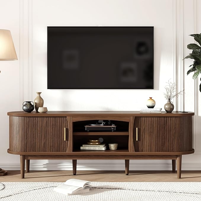 Mid Century TV Stand for TVs up to 80 Inches, Entertainment Center with Storage, Power Outlet, Fluted Sliding Doors & Adjustable Shelves, Modern Media TV Console Table for Living Room (Walnut)