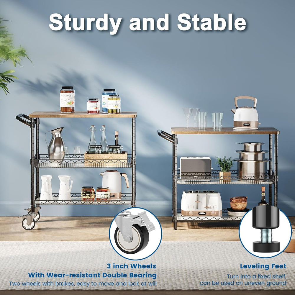 Rolling Kitchen Carts with Wheels, 3-Tier Utility Cart with Wood Tabletop