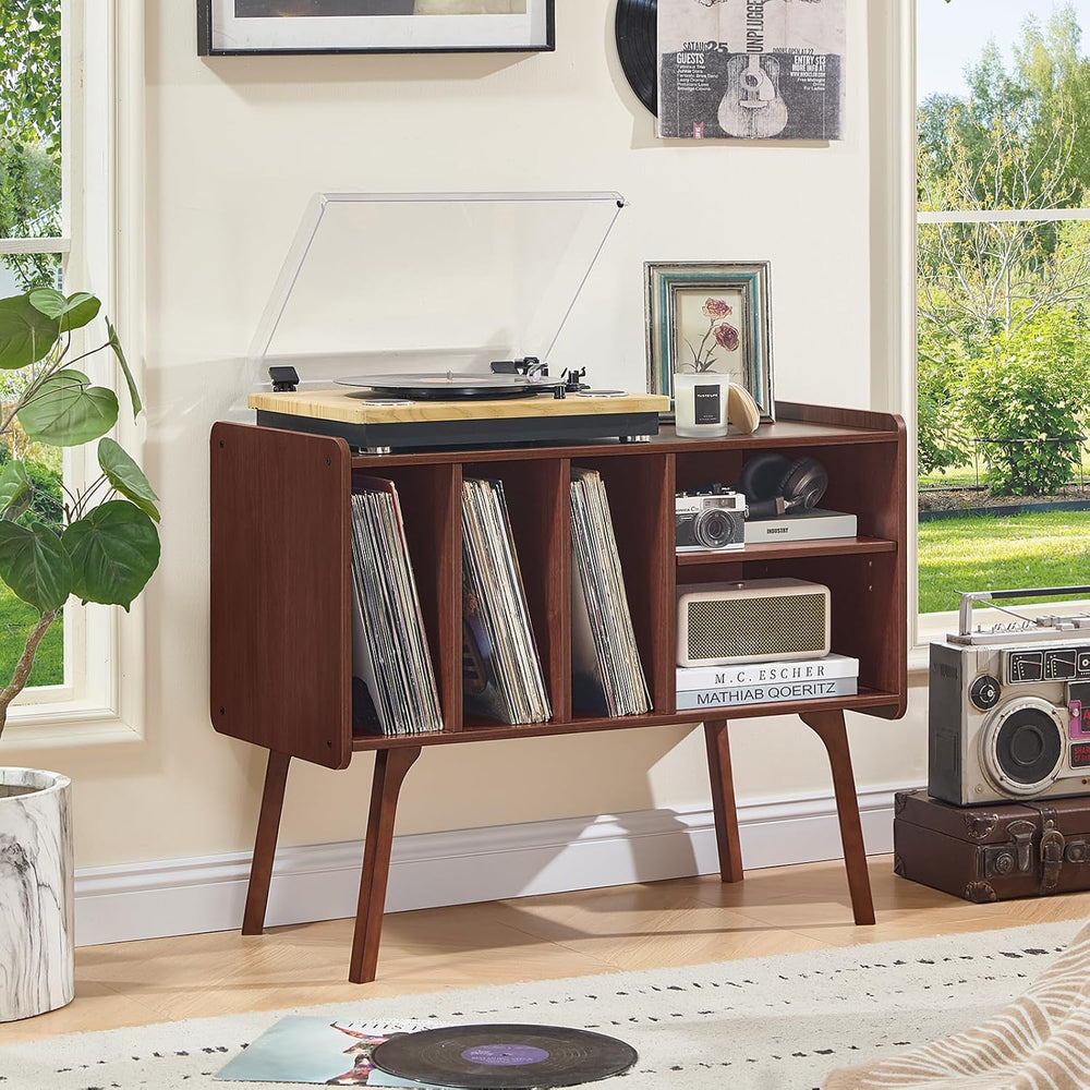 Lerliuo Record Player Stand with 4 Cabinet Holds Up to 220 Albums,Walnut | La...