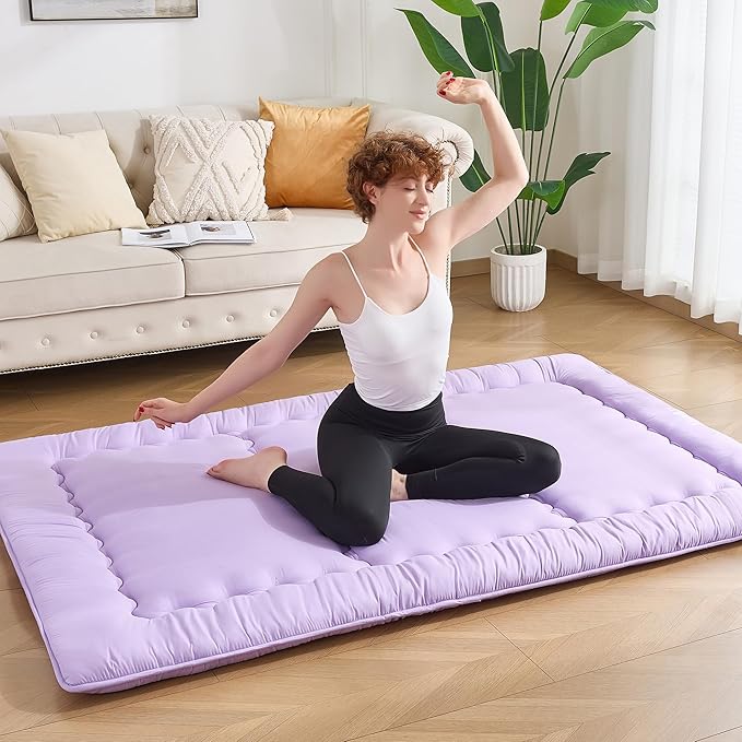 Japanese Floor Futon Mattress Full Size, 25D High Density Support Foam, 4" Thicken Foldable Mattress Tatami Mat Sleeping Pad Suitable for Camping, Guest Room, Purple 54"x 80"