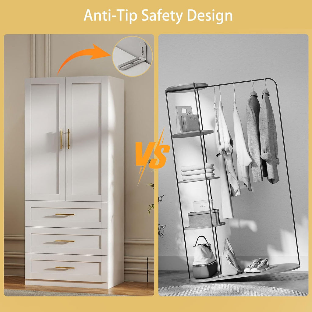 Armoire Wardrobe Closet with Drawers: 75" White Large Wardrobe Closet with Doors, Tall Clothes Cabinets for Bedroom, Wood Clothes Armoire with Hanging Rod