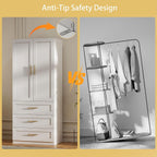 Armoire Wardrobe Closet with Drawers: 75" White Large Wardrobe Closet with Doors, Tall Clothes Cabinets for Bedroom, Wood Clothes Armoire with Hanging Rod
