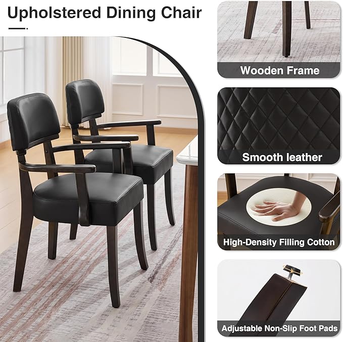 PU Leather Dining Chairs with Arms, Upholstered Dining Room Chairs with Hardwood Legs & Open Curved Backrest,Modern Accent Kitchen Chairs 350 LBS Capacity, Black
