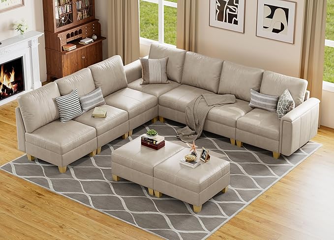 SITJOY 118" Faux Leather Modular Sectional Sofa with Storage, Mid Century Modern Sectional Couches for Living Room, Soft Padded Armrests, 9 Seat L Shaped Couch with Ottoman, Greige