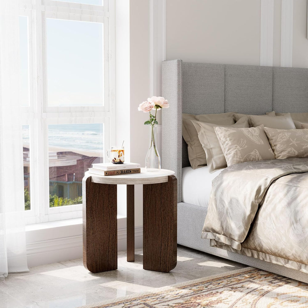 COSIEST Small Round Side Table, Modern 3-Leg Accent End Table with Faux Marbl...