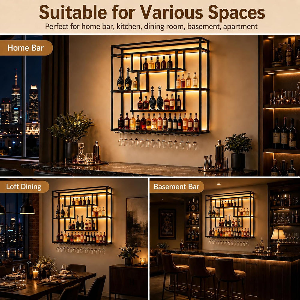 Wall Mounted Wine Rack with LED Lights, Large Industrial Metal Liquor Bottle ...