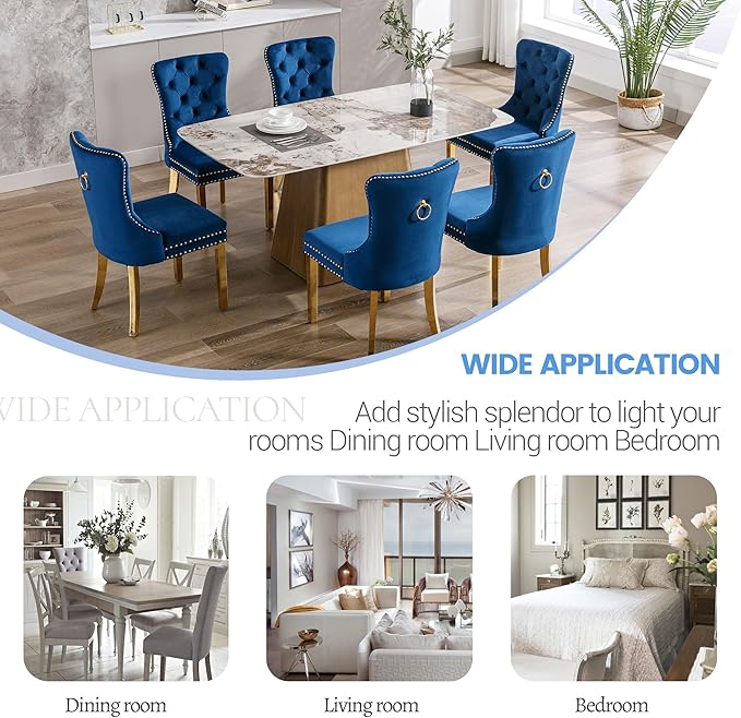 KCC Velvet Dining Chairs Set of 6, Upholstered High-end Tufted Dining Chair with Nailhead Back Ring Pull Trim Stainless Steel Legs, Contemporary Nikki Collection Modern Style for Kitchen, Blue