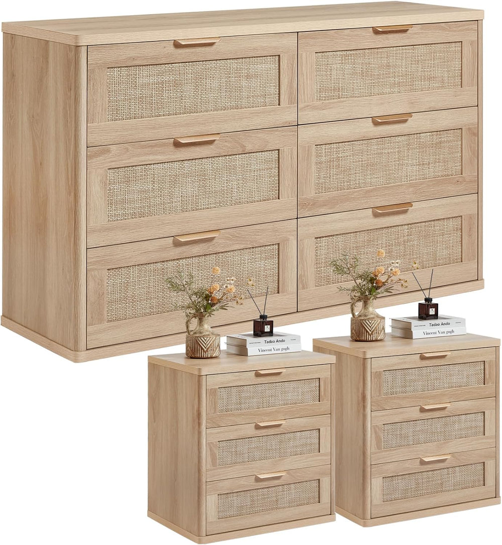LEYAOYAO Rattan Dresser and Nightstand Sets 3 Piece, Natural
