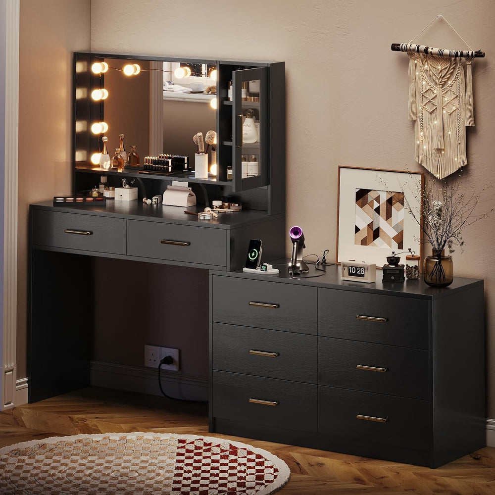 Makeup Desk with Drawers & Cabinet & Dresser, Black Vanity Table with...