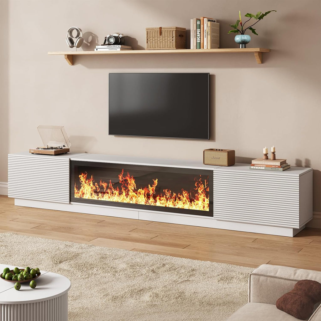 94.5" Fireplace TV Stand, Fluted TV Stands for Living Room, White | Entertainment Center with Unheated Electric Fireplace, 5 Flame Brightness & 12 Colors, Modern TV Consoles for Living Room