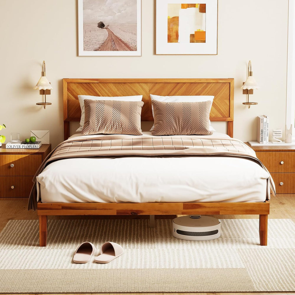GOFLAME Queen Size Wood Bed Frame, Mid-Century Modern Platform Bed with Headb...