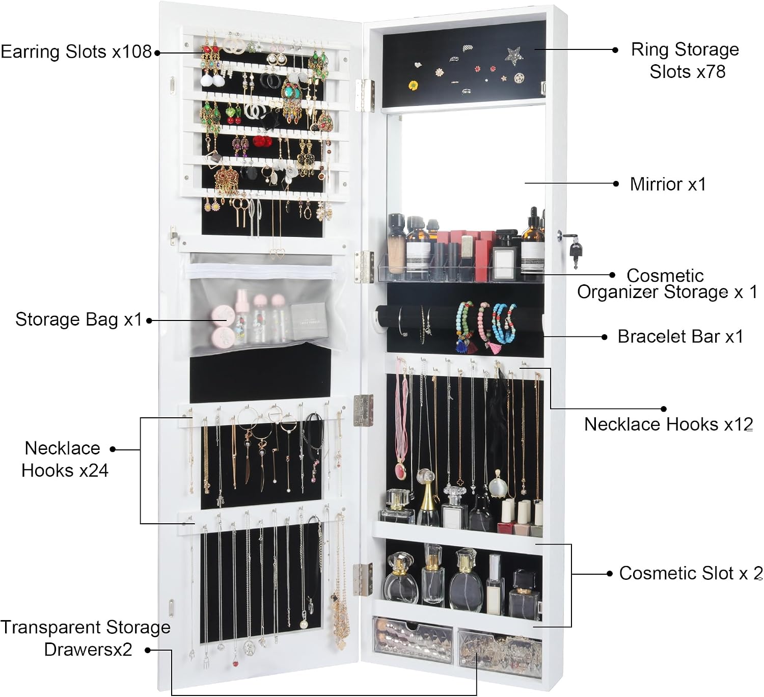 Becko US LED Mirror Jewelry Cabinet with 3 Colored Light, Wall/Door Mounted Wooden Jewelry Armoire, 47-Inch Full Length Lighted Mirror with Storage, Lockable Jewelry Organizer for Bedroom (White)