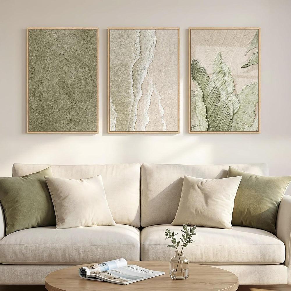 Framed Abstract Sage Green 3 Piece Wall Art for Living Room, 16x24 In