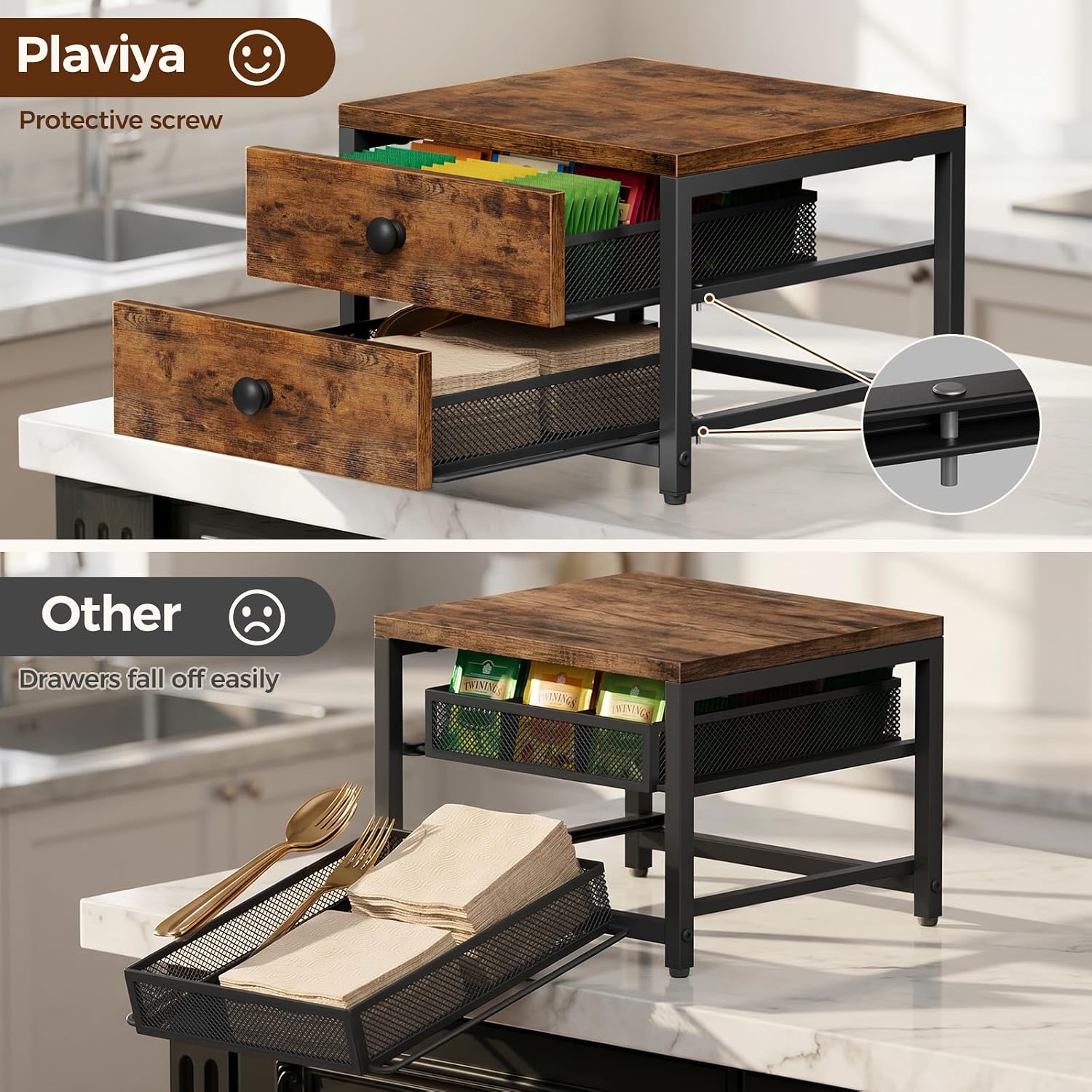 Plaviya Wood Tea Bag Organizer with 2 Drawers for Countertop | Tea Bag Holder and Storage, 9 Compartments, Utility, Home, Kitchen, Office, Rustic Brown