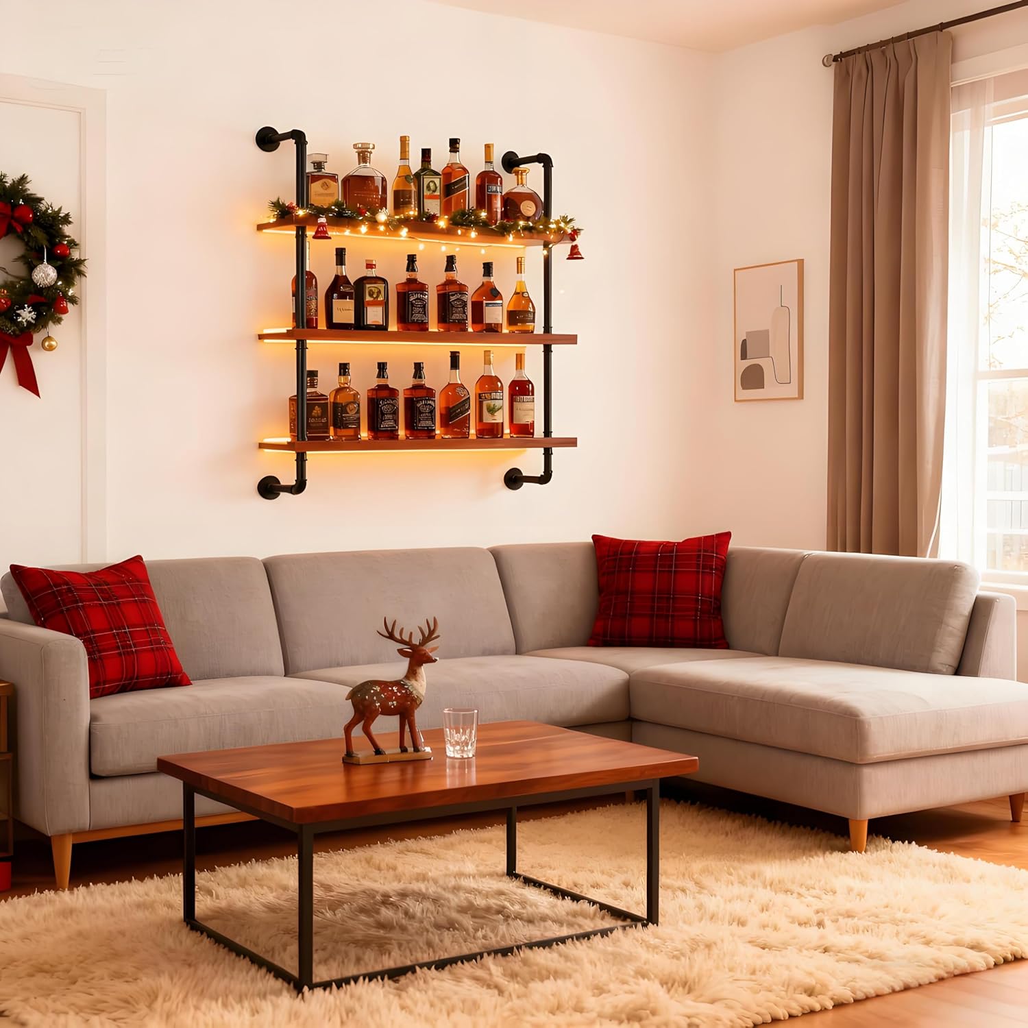 32" Wine Rack Wall Mounted with LED Lights, 3-Tiers Wall Bar Shelves | Solid Wood, Rustic Industrial Pipe Floating Shelves for Home, Restaurant, Commercial Bar, Kitchen Storage Display