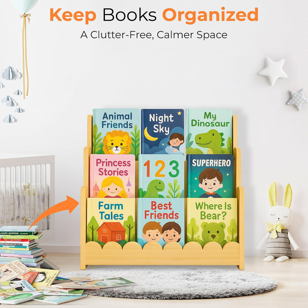 3-Tier Wooden Kids Bookshelf, Montessori Scalloped Bookcase Toddler Front Facing Book Display for Nursery, Baby Bookshelf Organizer for Kids Rooms, Playroom or Classroom